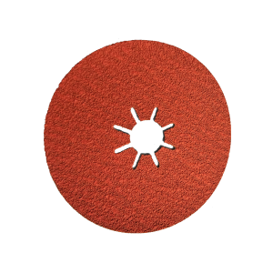 Red ceramic fiber disc with a central star-shaped hole, designed for abrasive grinding and sanding applications.